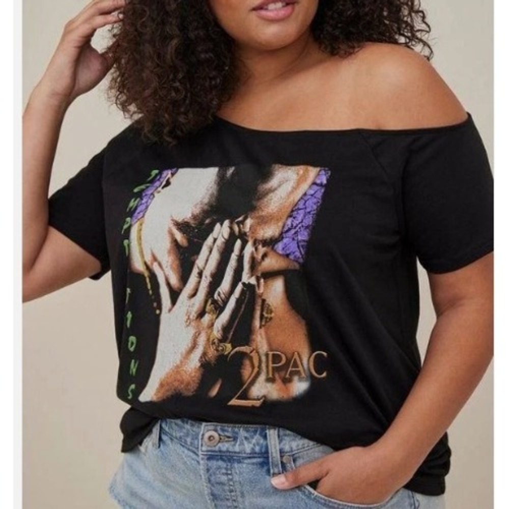 2Pac Graphic T-Shirt Women Large Black Temptations Off-the-Shoulder Rap Tee